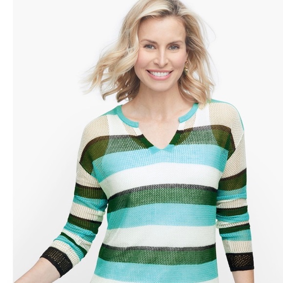 Split Neck Mesh Striped Sweater - Picture 2 of 2